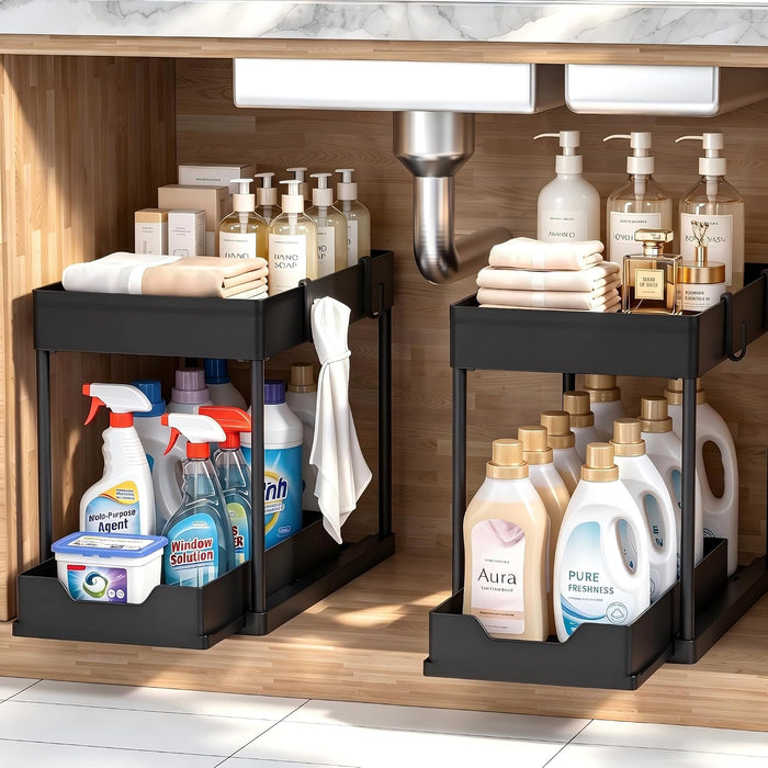 Under Sink Organizer 2 Pack, Bathroom Cabinet Organizer, 2 Tier Sliding Cabinet Basket Organizer Drawer, Multi-Purpose B