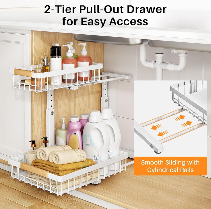 Under Sink Organizer, Adjustable Height, 2 Tier Pull Out Under Cabinet Organizer, Slide Out Thickened Metal Under Sink Storage for Kitchen Bathroom Laundry Pantry Cabinet, White, Large-2-Pack