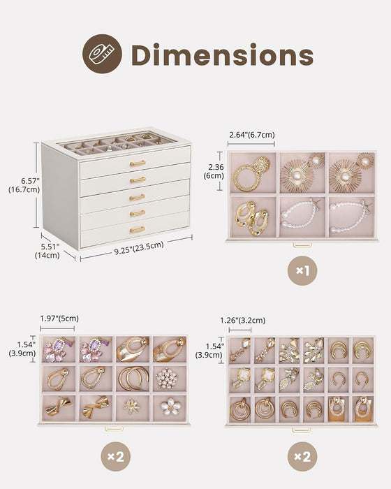 Earring Organizer, Jewelry Box with Clear Lid -Beige, 5 Layer