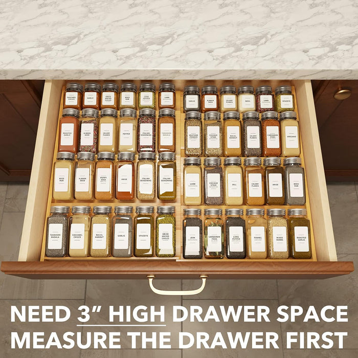 Bamboo Spice Drawer Organizer, (Need 3" Deep Drawer) Expandable 4 Tier Spices Rack for Cabinet, Kitchen Seasoning Storag