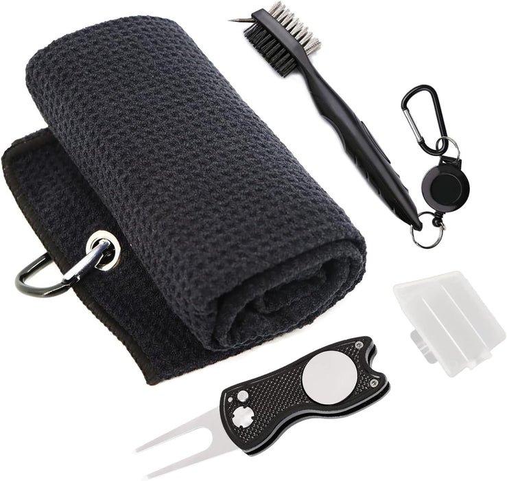 Golf Towel Kit, Foldable Divot Tool with Magnetic Ball Marker & Club Groove Cleaner Brush, Microfiber Waffle Golf Towel with Clip,Golf Accessories Men & Women