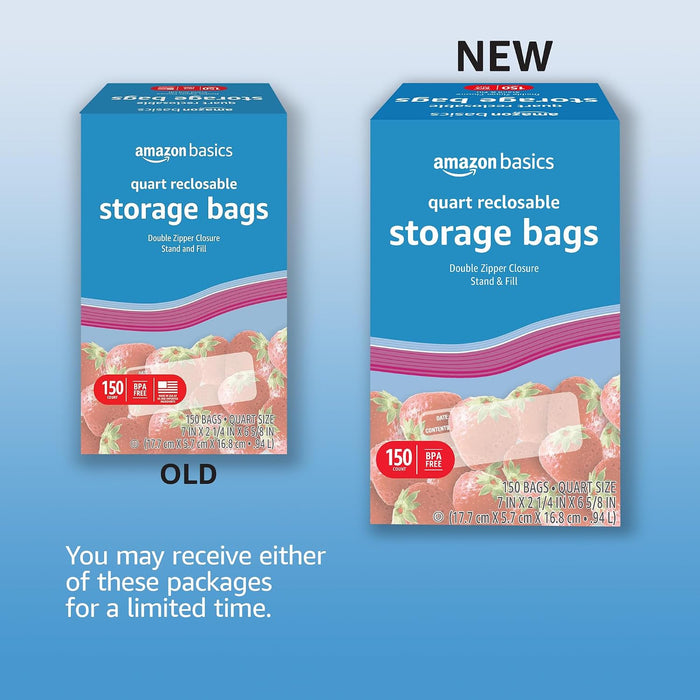 Reclosable Quart Food Storage Bags with Double Zipper Seal, BPA Free, 150 Count