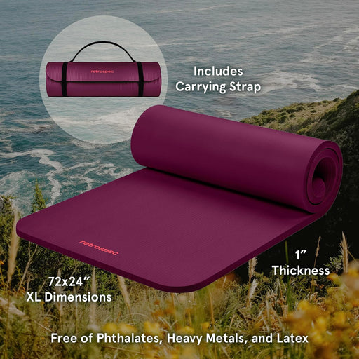 Retrospec Solana Yoga Mat 1" Thick w/Nylon Strap for Men & Women - Non Slip Exercise Mat for Home Yoga, Pilates, Stretch