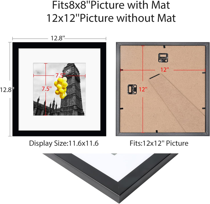 12x12 Picture Frame Set of 9, Display Pictures 8x8 with Mat or 12x12 without Mat, Multi Collage Gallery Square Photo Fra