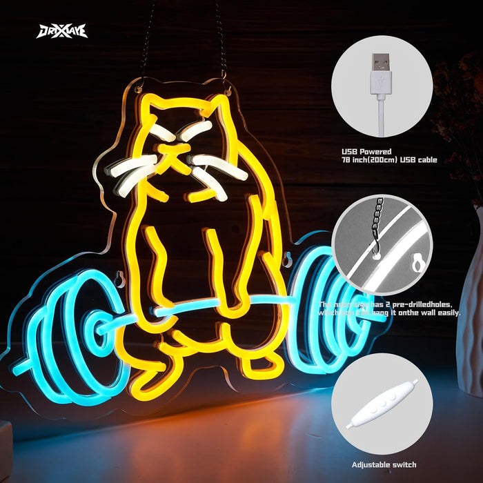Cat Gym Neon Sign for Wall Decor Gym Decor Funny Cat Neon Light Smart plug timer compatible USB-Powered Men Cave Teen Ro