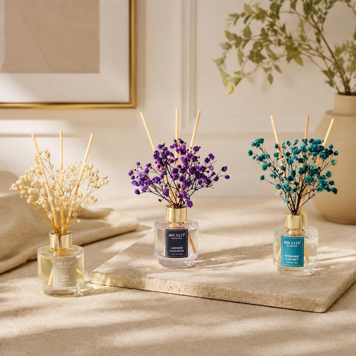 Reed Diffuser Set of 3,Clean Linen Ocean Mist&Sea Salt Lavender Eucalyptus Oil Reed Diffusers for Bedroom Living Room Office Aromatherapy Oil Reed Diffuser for Gift 50ml x 3