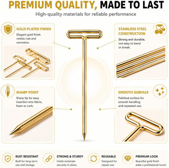 150PCS 1.5 Inch Gold Stainless Steel T-Pins for Wig Styling & Sewing