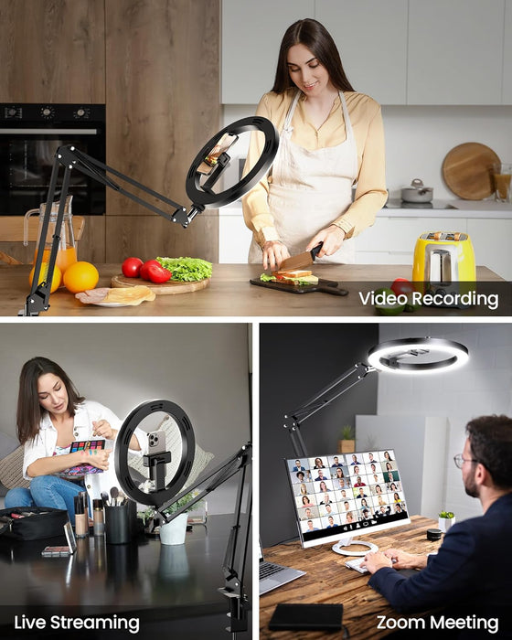 Upgrade Ring Light Overhead Camera Phone Mount for Desk, 10” Selfie Light with Stand Tripod for iPhone, Light with Phone