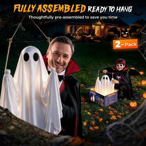 2 Pack Halloween Decorations Outdoor, 5 FT Pre-Assembled Hanging Swinging Ghosts with Adjustable Arms, 8 Light Modes, Remote & Timer, Indoor & Outdoor Ghost Decor for Porch, Yard, Garden & Tree