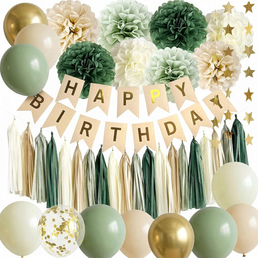 Sage Green Happy Birthday Party Decorations Retro Green Nude Ivory Dark Olive Kraft Paper Banner Balloons Neutral Rustic