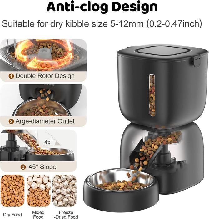 Automatic Cat Feeder, 3L Timed Pet Food Dispenser with 304 Stainless Steel Bowl, 10s Voice Recorder, Dual Power 180-Day 