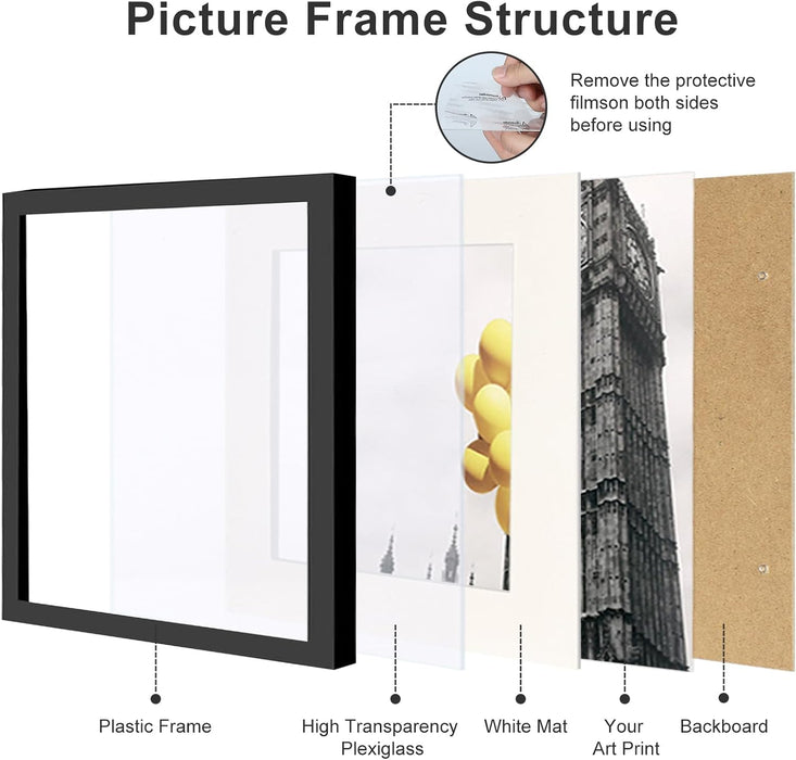 12x12 Picture Frame Set of 9, Display Pictures 8x8 with Mat or 12x12 without Mat, Multi Collage Gallery Square Photo Fra