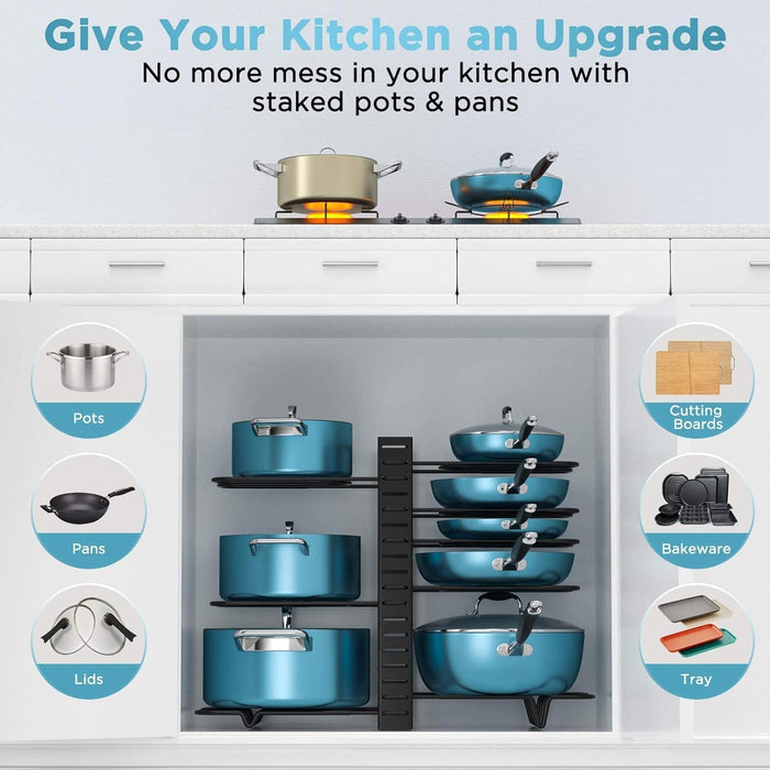 Pots and Pans Organizer Under Cabinet 16.6", 8-Tier Adjustable Rack