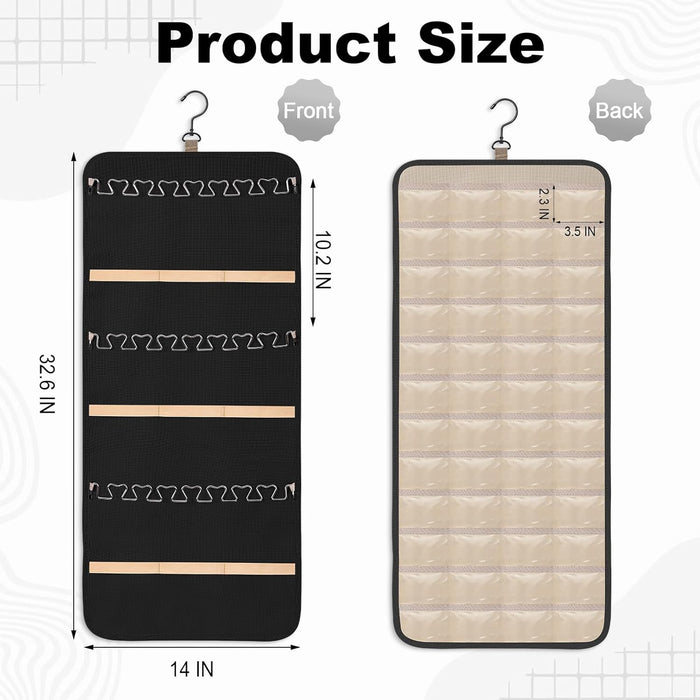 Double-Sided Hanging Jewelry Organizer, Large Black Storage Roll for Earrings, Necklaces, Rings, 48 Pockets 21 Hooks, Durable Oxford Fabric for Closet, Wall, Door, 1 piece, Jewelry Not Included
