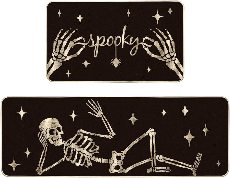Spooky Skeleton Spider Bone Black Halloween Kitchen Mats Set of 2, Black Home Decor Low-Profile Kitchen Rugs for Floor -