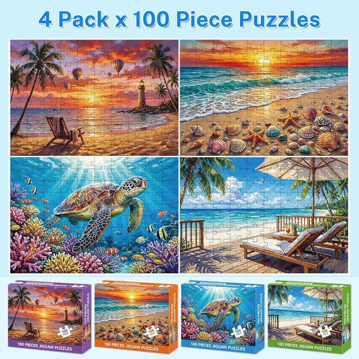 4-Pack 100 Piece Puzzles for Adults Seniors, Nature Landscape Jigsaw Puzzles 100 Pieces, Beach Resort Turtle Sunset Lighthouse Large Piece Jigsaw Puzzles for Seniors Adults Family Game Gifts 15"x11"