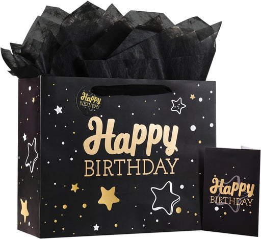 13" Birthday Gift Bag with Tissue Paper & Card(1 Pack Black Gold)