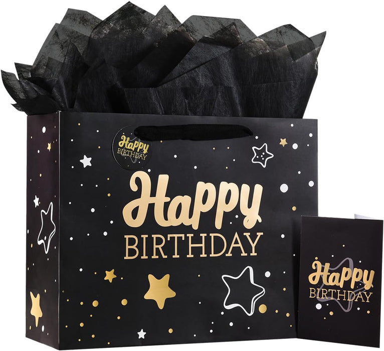 13" Birthday Gift Bag with Tissue Paper & Card(1 Pack Black Gold)