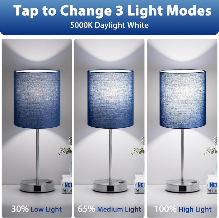 Touch Lamps for Bedroom Set of 2 - Dimmable, USB C+A, AC Outlet