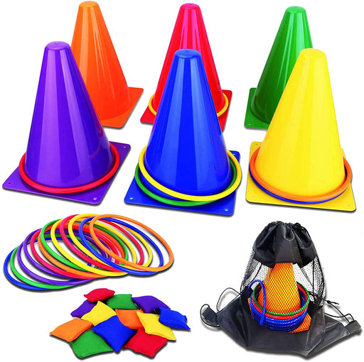 31PCS 3 in 1 Carnival Outdoor Games Combo Set for Kids, Soft Plastic Cones Bean Bags Ring Toss Game, Gift for Birthday P