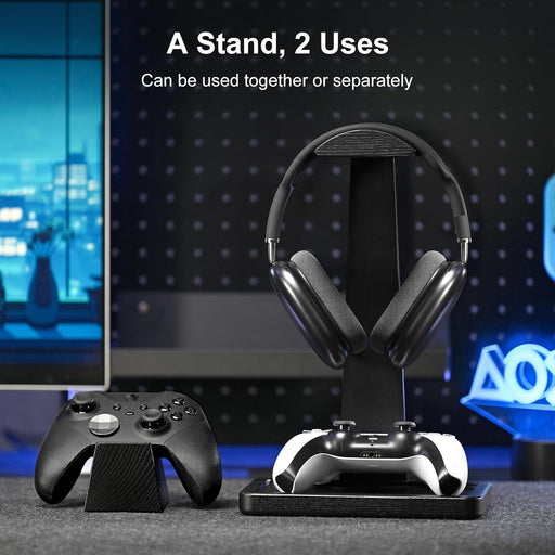 Solid Wood Headphone Stand with Controller Holder for Desk