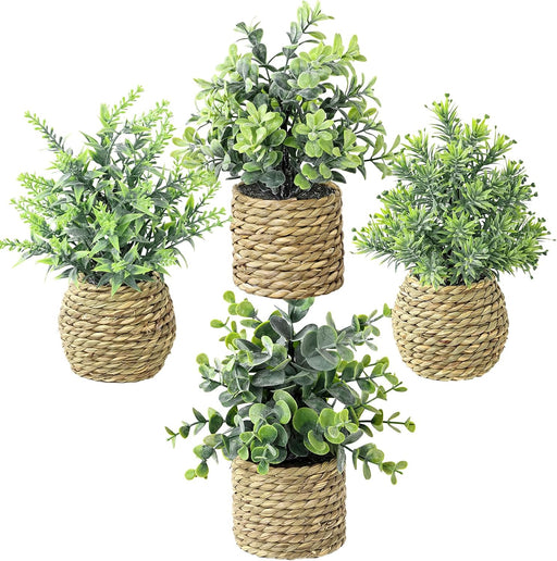 Small Fake Plants, 4 Pack Artificial Plants in Handwoven Seagrass Baskets