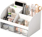 Desk Organizer with 6 Compartments and 2 Drawers, Plastic Makeup Organizer, Pen Holder for Desktop Storage, Desk Organization for School, Home, Office Supplies (White)