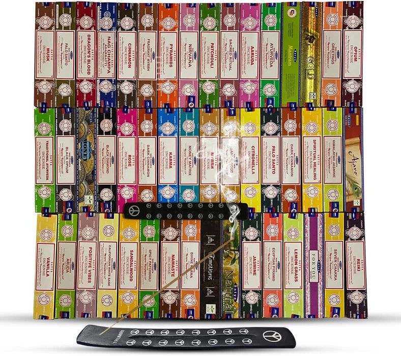 Satya Incense Sticks Variety Pack of 12 Randomly Selected Fragrances and Incense Stick Holder Bundle Total 180 Sticks