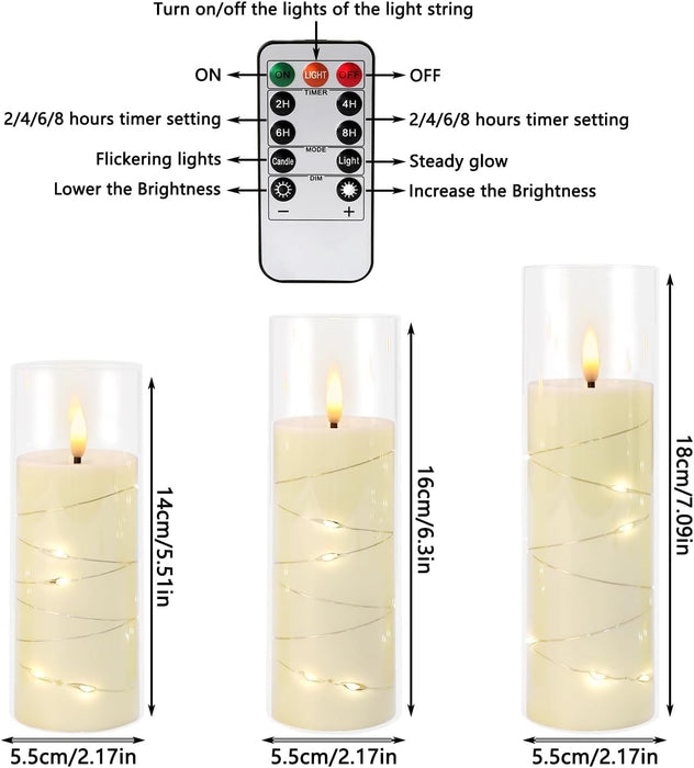 24 Pcs LED Flameless Candles with Remote, 3D Flickering Flame & LED String Lights, Acrylic Clear Cylinder, Timer Function, Romantic Ambience for Home Decor, Party, Wedding (Ivory).
