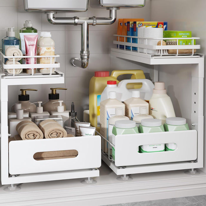 Under Sink Organizer Upgrade To Professional Rails,2-Tier Dual Pull Out Cabinet Storage,Height Adjustable Slide Out Draw