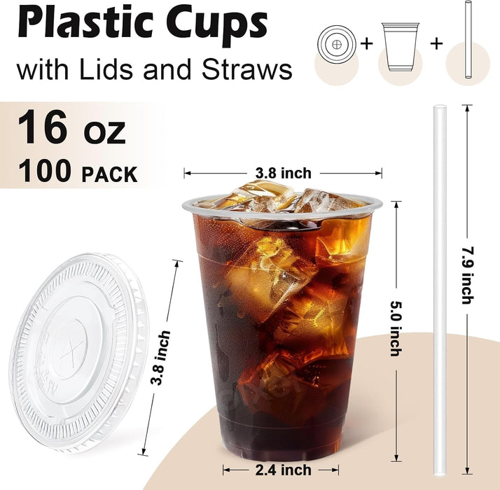 100 Pack 16 oz Clear Plastic Cups with Lids and Straws