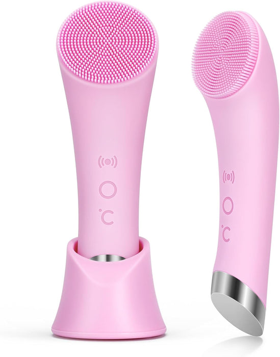 Facial Cleansing Brush, Rechargeable Silicone Face Scrubber with Heat Massage End, Vibrating Exfoliator Scrubber for Dee