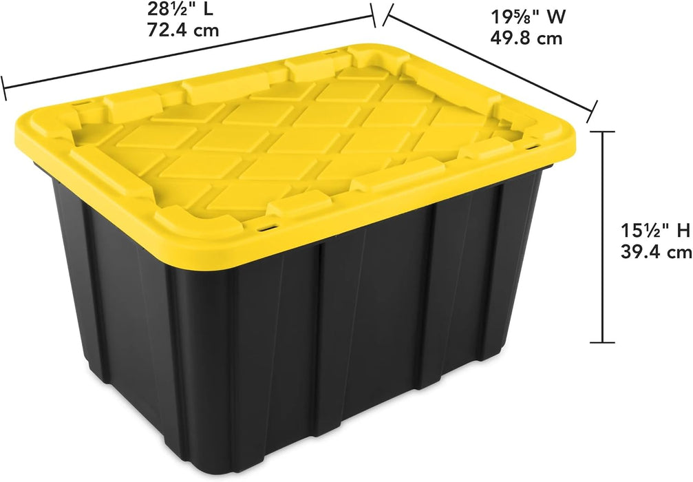 6 Pack 27 Gallon Heavy Duty Storage Bins with Snap Lids, Durable Plastic Storage Totes with Stackable Black Containers & Yellow Latching Covers for Home Garage Moving Organization