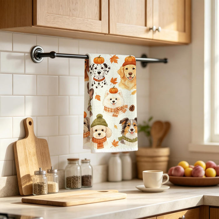 Autumn Dog Lover Kitchen Towel, Fall Puppy Decor Dish Towel