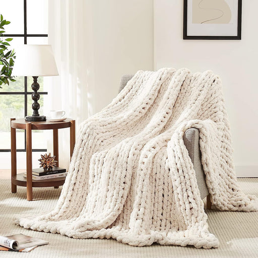 Chunky Knit Throw Blanket for Couch, 50'' x 60'' Knit Throw, Ivory