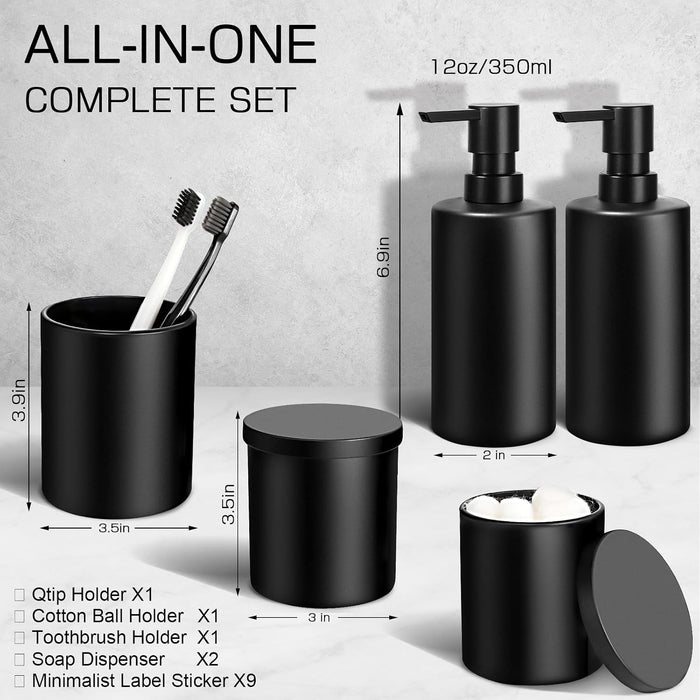 Matte Black Bathroom Accessories Set, 5 Pcs Bathroom Accessories Set, Glass Soap Dispenser and Toothbrush Holder Set, Qtip Holder and Cotton Ball Holder, Modern Bathroom Decor Sets