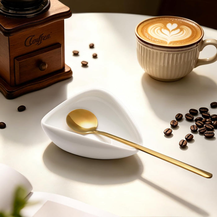 4 Gold Coffee Spoons 6.7in and 1 Ceramic Spoon Rest,Coffee Bar Accessories