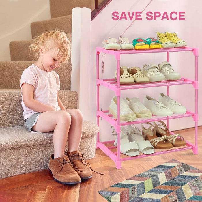 4-Tier Free Standing Pink Shoe Racks, Lightweight Stackable Shelf