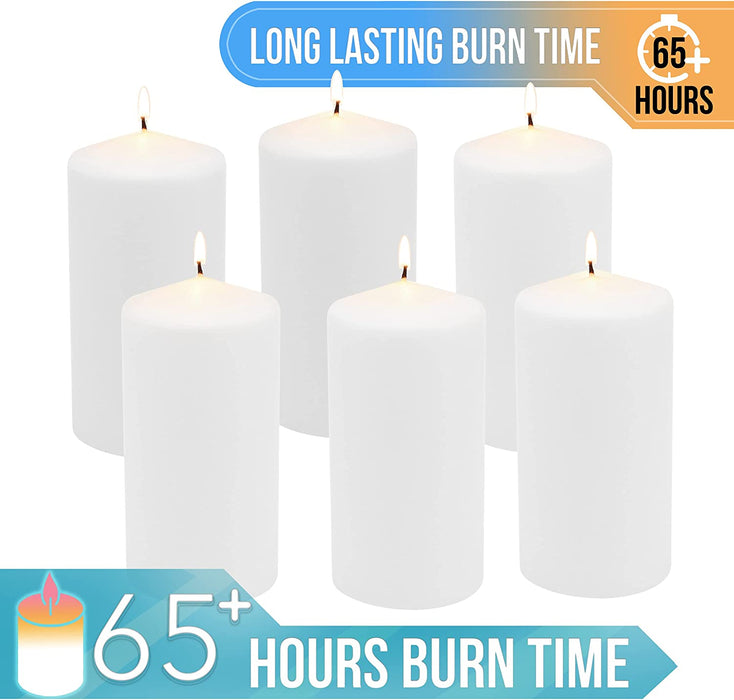 Unscented White Tall Pillar Candles, 65 Hour Burning Candle Pillars, Perfect for Decor, Weddings, Emergencies 3" X 6", 6