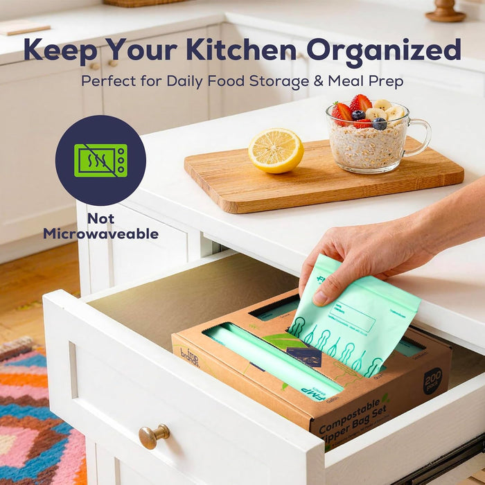 100% Compostable Food Storage Bags Set, Resealable Bags Plant-Based Freezer Bag for Food, ASTM D6400, US BPI & EU OK Compost Certified