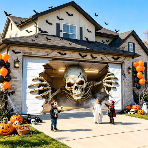 Halloween Garage Door Cover 16x7 FT, Realistic Garage Scene Design