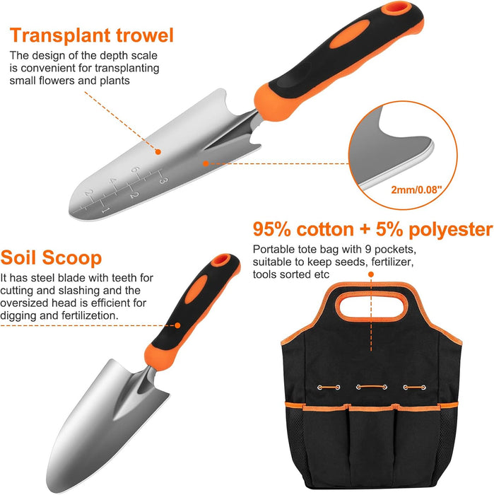 Gardening Tool Set,  Stainless Steel Heavy Duty Gardening Tool Set, with Non-Slip Rubber Grip, Storage Tote Bag, Outdoor Hand Tools, Ideal Gardening Gifts for Women