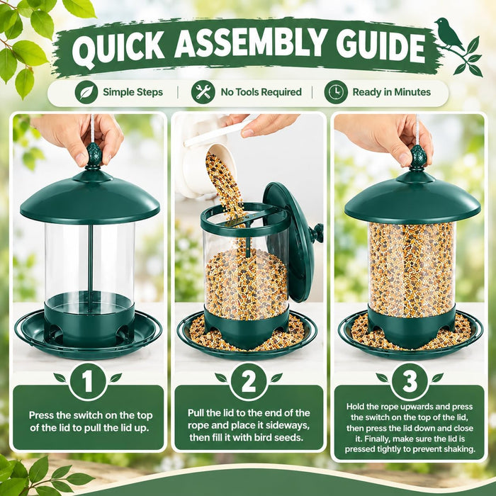 Metal Bird Feeders for Outdoors Hanging, 360° Feeding Tray, Green