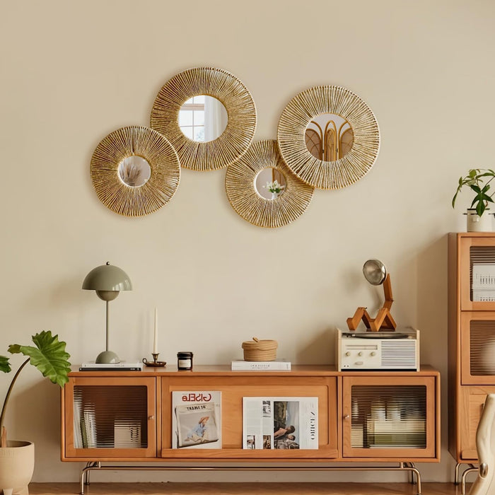 Hanging Baskets Wall Art with Mirror, 4Pcs Boho Coastal Wall Decor
