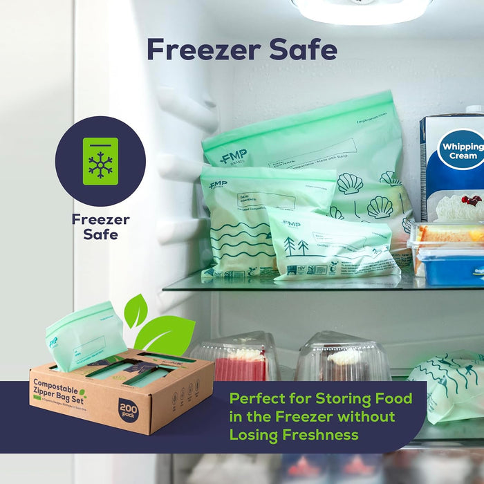 100% Compostable Food Storage Bags Set, Resealable Bags Plant-Based Freezer Bag for Food, ASTM D6400, US BPI & EU OK Compost Certified