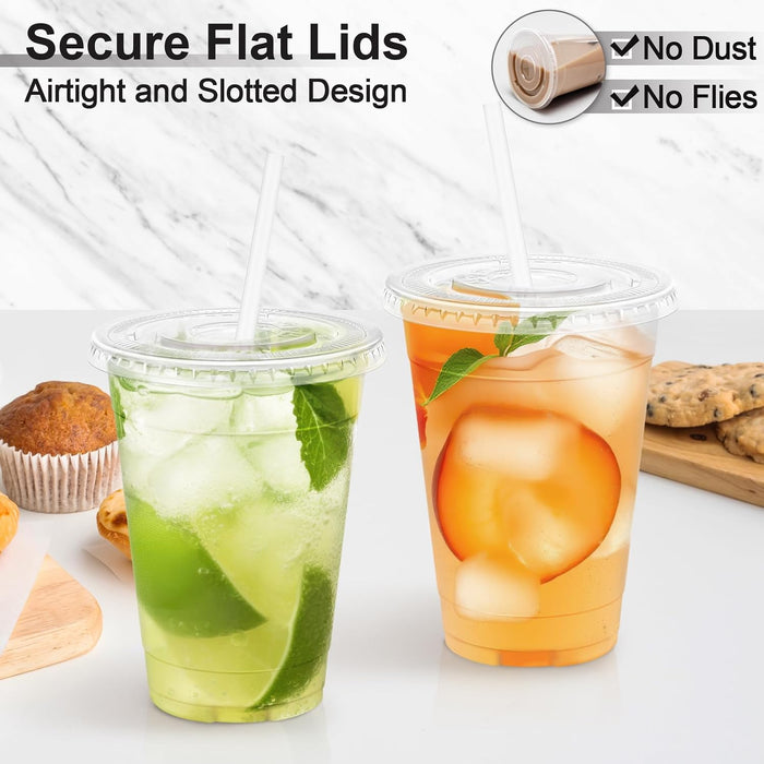 100 Pack 16 oz Clear Plastic Cups with Lids and Straws