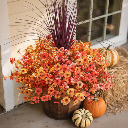 Fall Flowers Artificial Mums for Outdoors Autumn Decor, 12 Bundles Fake Fall Mums with 1 pcs Burgundy Grass UV Resistant
