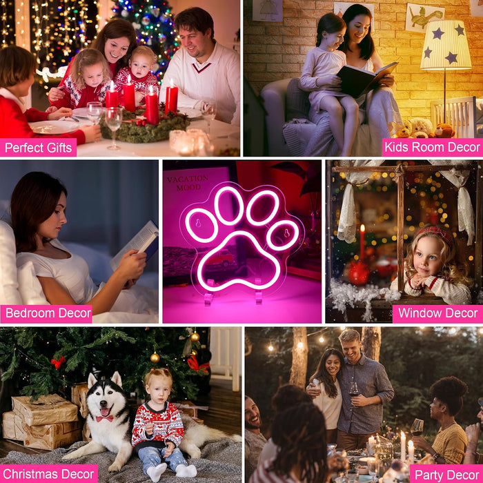 Dog Cat Paw Neon Sign for Wall Decor, Dimmable Pink Foot Print LED Signs