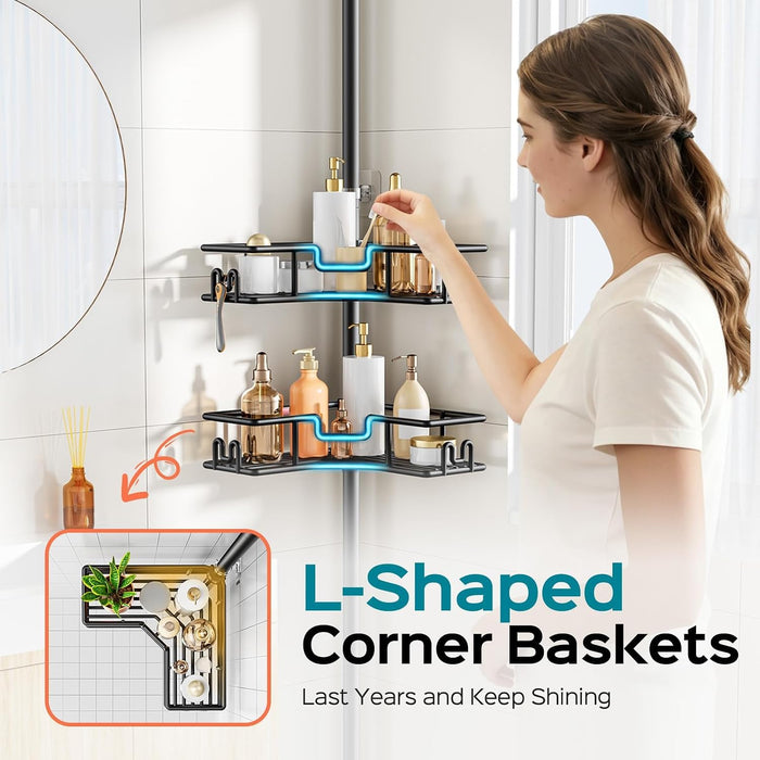 Shower Caddy Tension Pole: 4-Tier Adjustable Corner Organizer Black