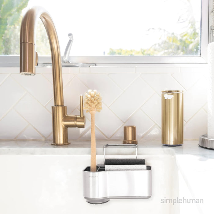 simplehuman Sink Caddy, Sponge Holder for Kitchen Sink with Compartment Dividers, 4 Suction Cups & Wire Ledge Hanger for Secure Mount, Vented Base for Fast Drying, Brushed Stainless Steel